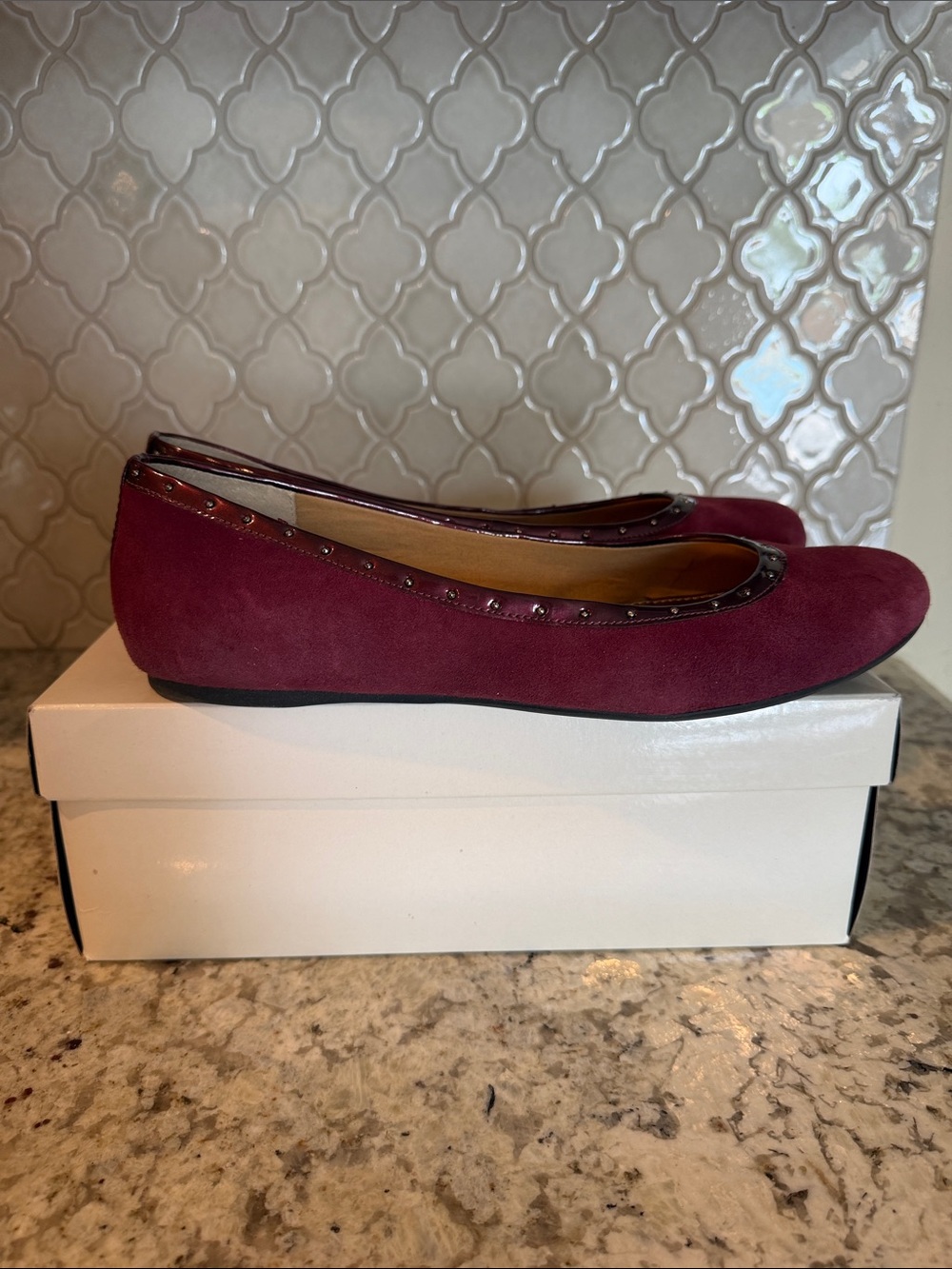 Anne Klein Burgundy Suede Stud-Trim Ballet Flat - Picture 3 of 6